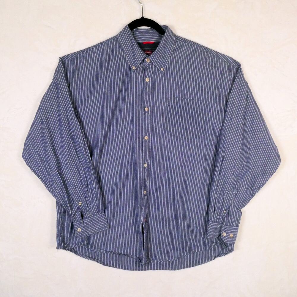 Wrangler Blue White Striped Button Down Size XL 100% Cotton Western Mechanic